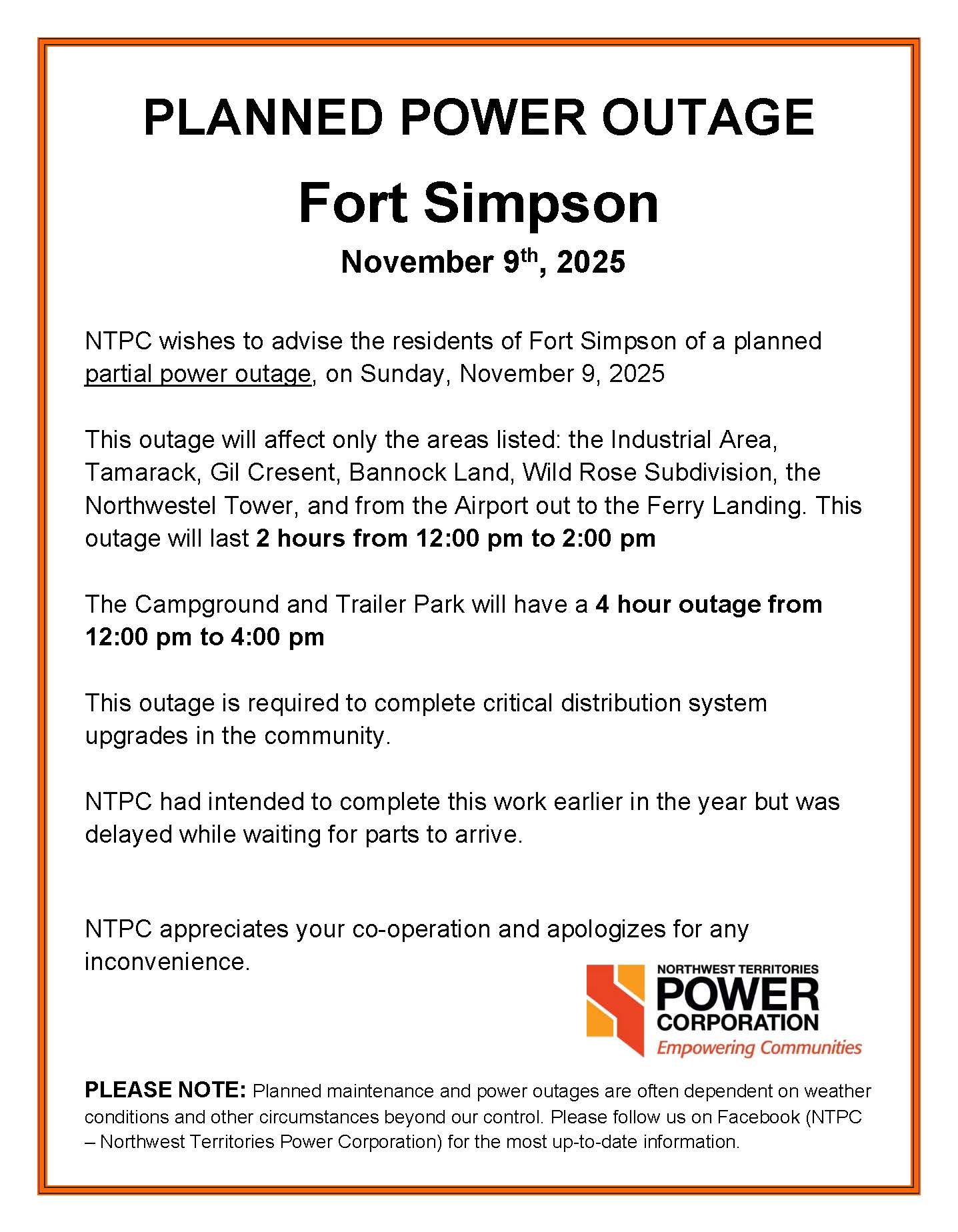Planned Partial Power Outage Fort Simpson