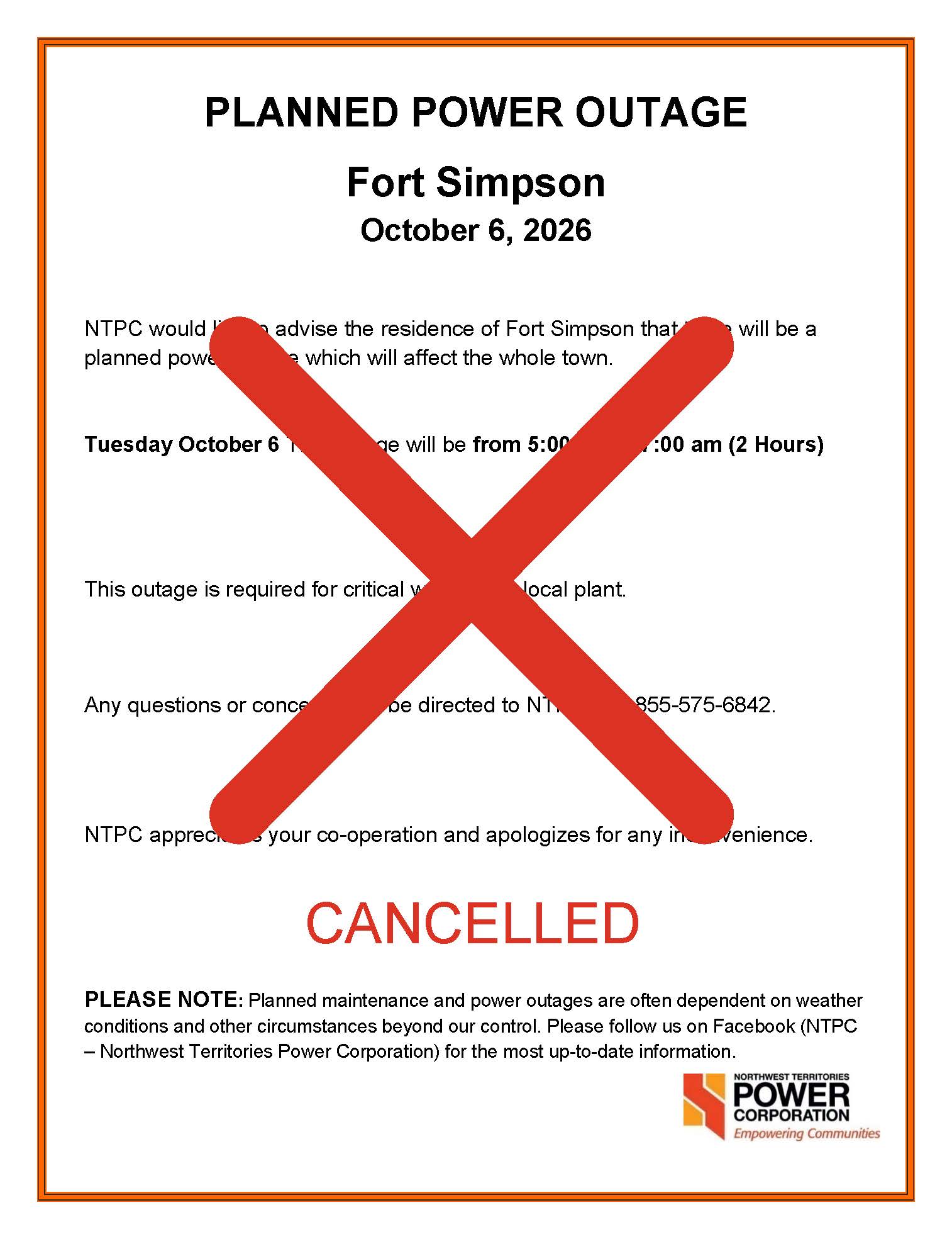 Planned Outage Fort Simpson