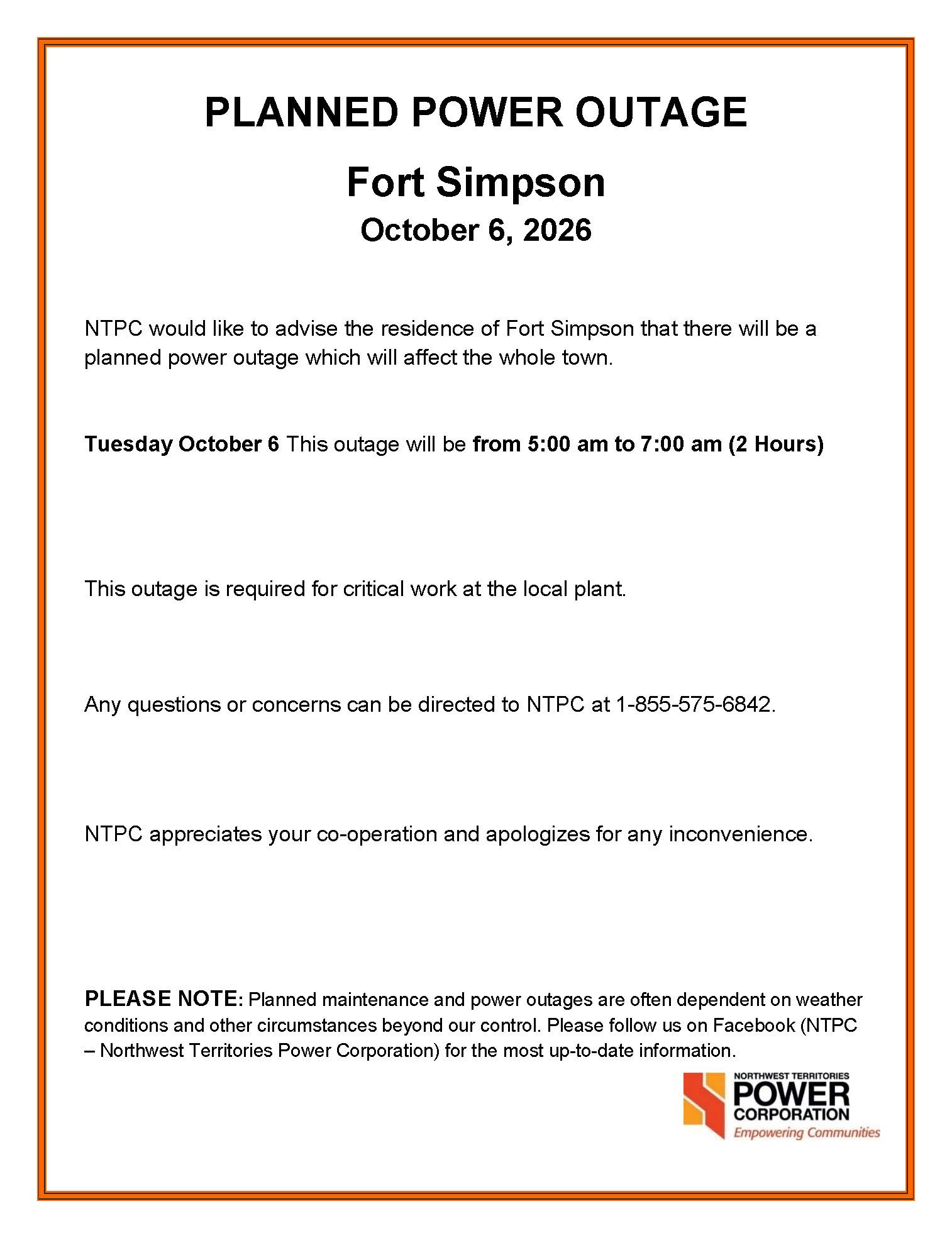 Planned Outage Fort Simpson